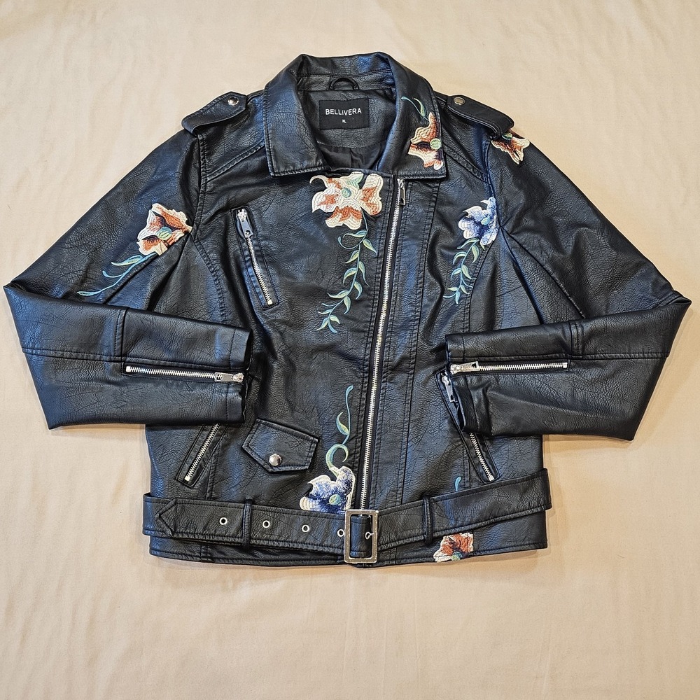 BELLIVERA Faux Leather Floral Embroidered Vegan Moto Jacket Black XL‎ "Wifey"
